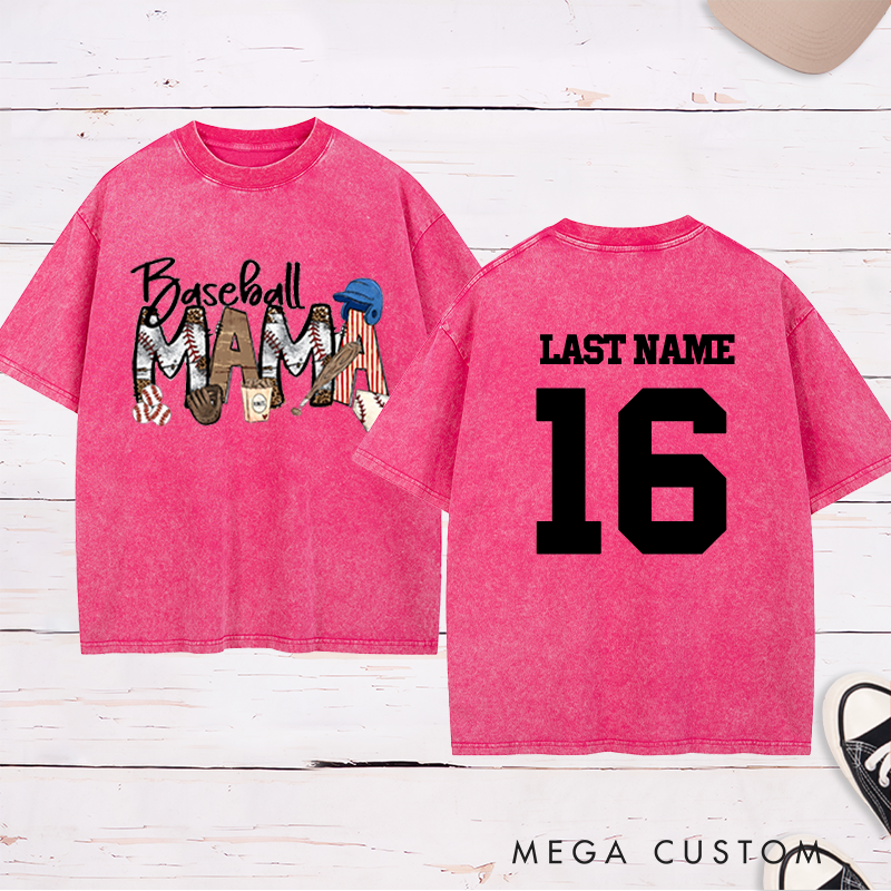 Personalized Leopard Print "Baseball Mama" Washed T-Shirt with Custom Name and Number
