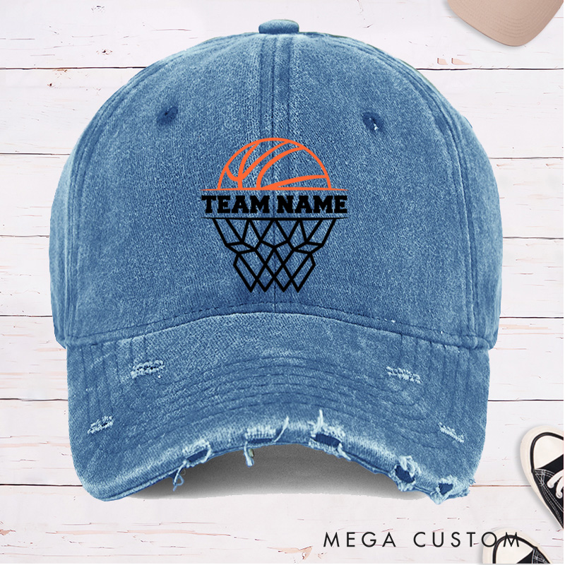 Personalized Distressed Denim Basketball Cap with Customizable Team Name Design for Sports Fans