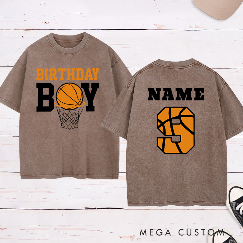 Personalized Washed T-Shirt Design Featuring a Basketball Birthday Theme with Customizable Name and Age for a Fun and Unique Celebration