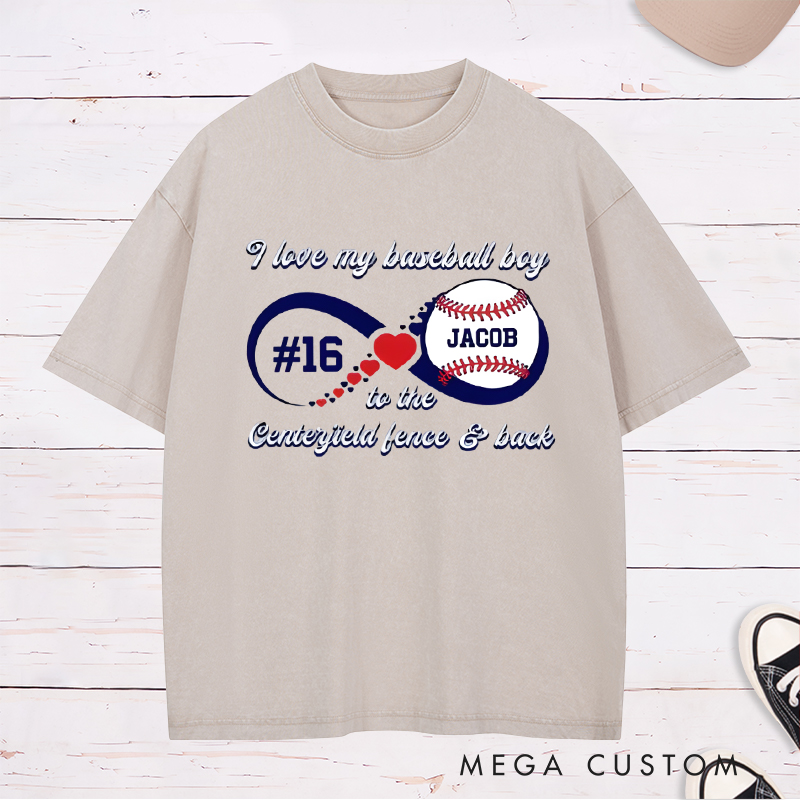 Personalized “I Love My Baseball Boy” Washed T-Shirt with Custom Name and Number  