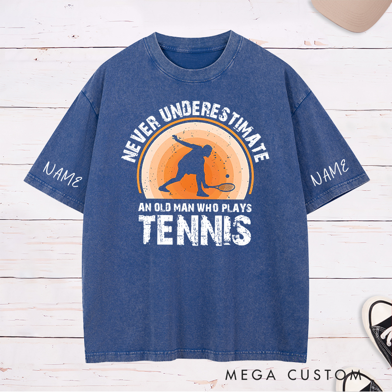 Personalized Tennis Washed T-Shirt with "Never Underestimate" Graphic and Custom Name