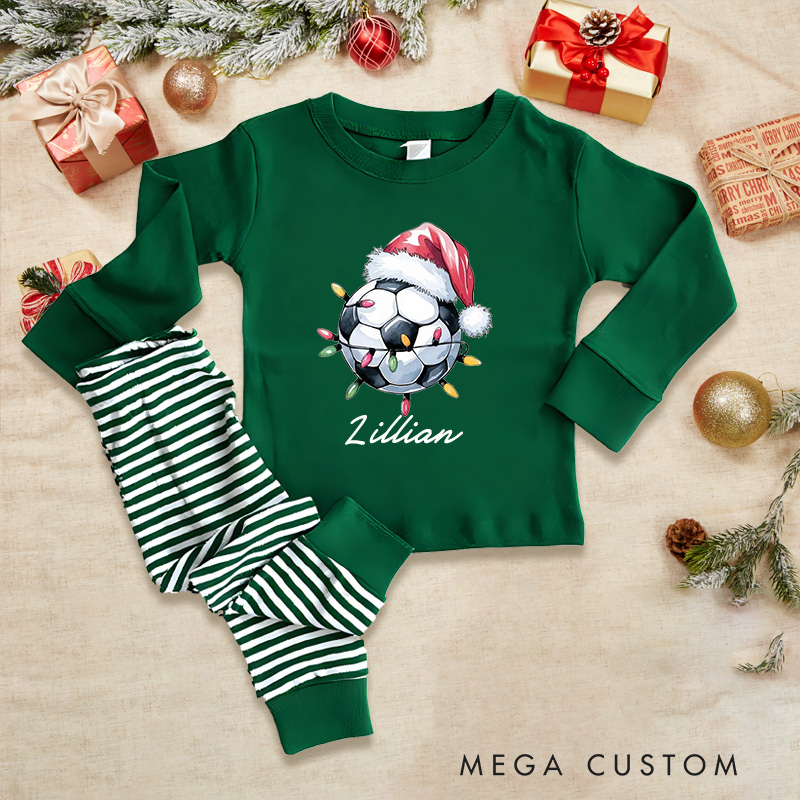 Personalized Christmas Soccer Pajama Set with Custom Name, Santa Hat Design, and Striped Pants for Kids