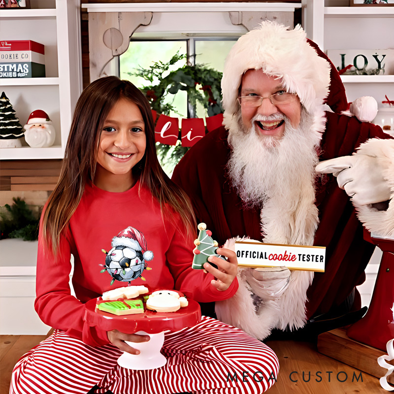Personalized Christmas Soccer Pajama Set with Custom Name, Santa Hat Design, and Striped Pants for Kids