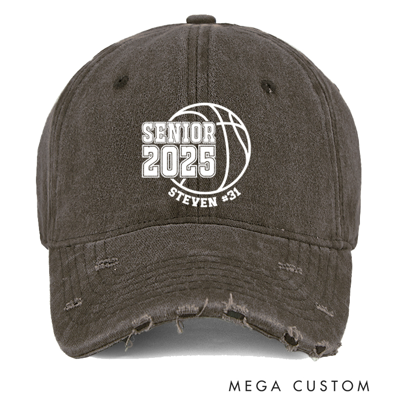 Personalized Distressed Denim Basketball Cap for Seniors with Graduation Year Name and Number Design
