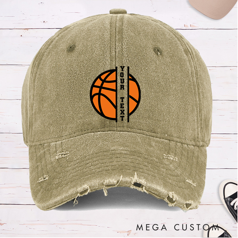 Personalized Distressed Denim Basketball Cap with Custom Text and Basketball Graphic Design
