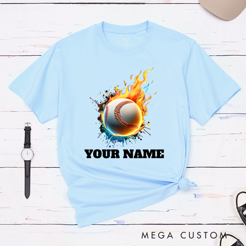 Personalized Flaming Baseball T-Shirt with Custom Name  