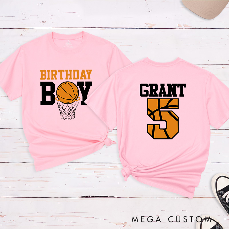 Personalized Birthday Basketball T-Shirt with Custom Name and Age Featuring a Fun Basketball and Hoop Design