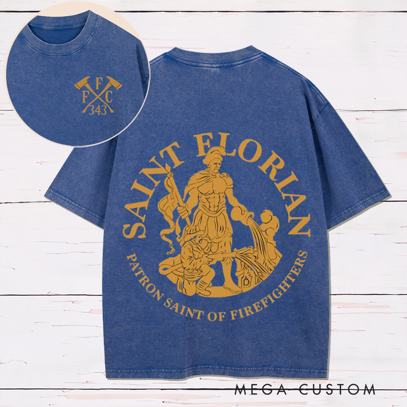 Personalized Firefighter Washed T-Shirt Saint Florian Patron Saint of Firefighters Design Thoughtful Gift for Firefighters