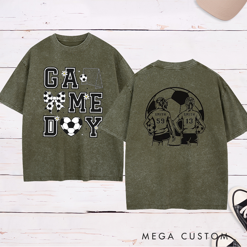 Personalized Game Day Soccer Washed T-Shirt with Custom Name and Number Design