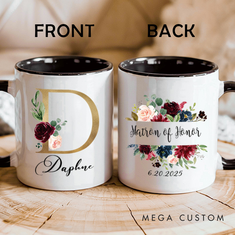 Personalized Bridesmaid Floral Initials Mug Matron of Honor Mug with Date Bachelorette Party Mug Bridesmaid Proposal Gift Bridal Shower Mug