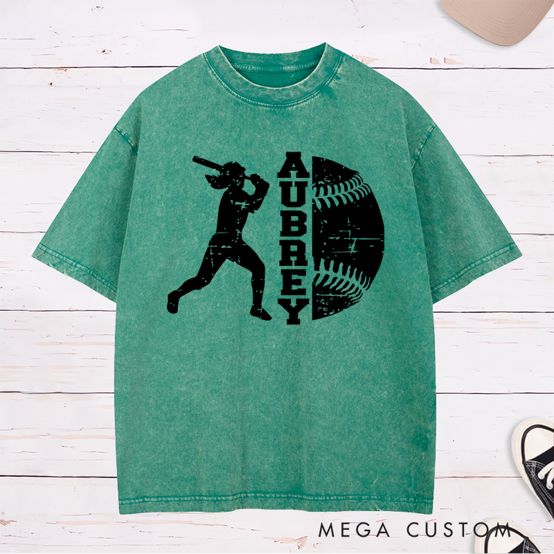 Personalized Softball Player Washed T-Shirt Design Featuring Batter Silhouette Distressed Softball Graphic and Customizable Name Text