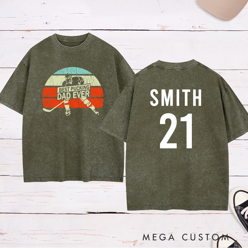 Personalized "Best Pucking Dad Ever" Hockey Washed T-Shirt with Custom Name and Number