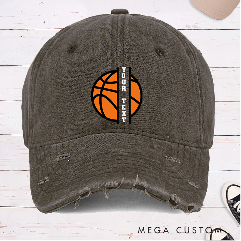 Personalized Distressed Denim Basketball Cap with Custom Text and Basketball Graphic Design