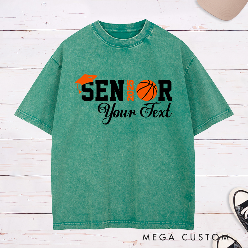 Personalized Washed T-Shirt Design Celebrating Senior 2025 Featuring a Basketball Graphic Graduation Cap and Customizable Text for a Relaxed and Timeless Look