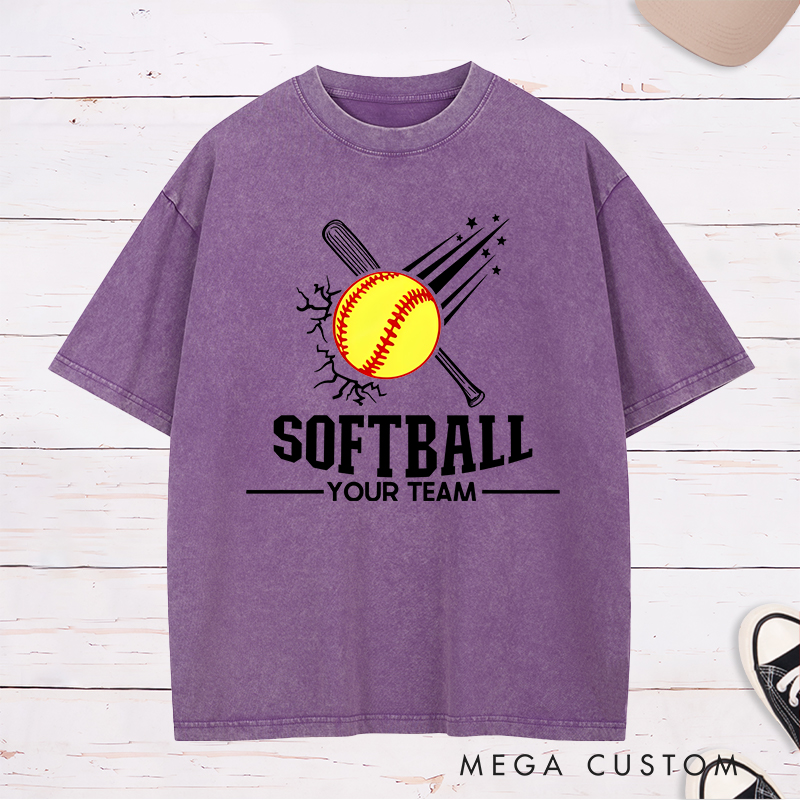 Personalized Softball Team Washed T-Shirt Design Featuring Customizable Team Name Explosive Softball Graphic with Bat and Shooting Star Accents