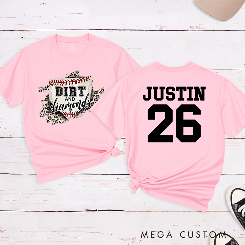 Personalized "Dirt and Diamonds" Baseball T-Shirt with Custom Name and Number