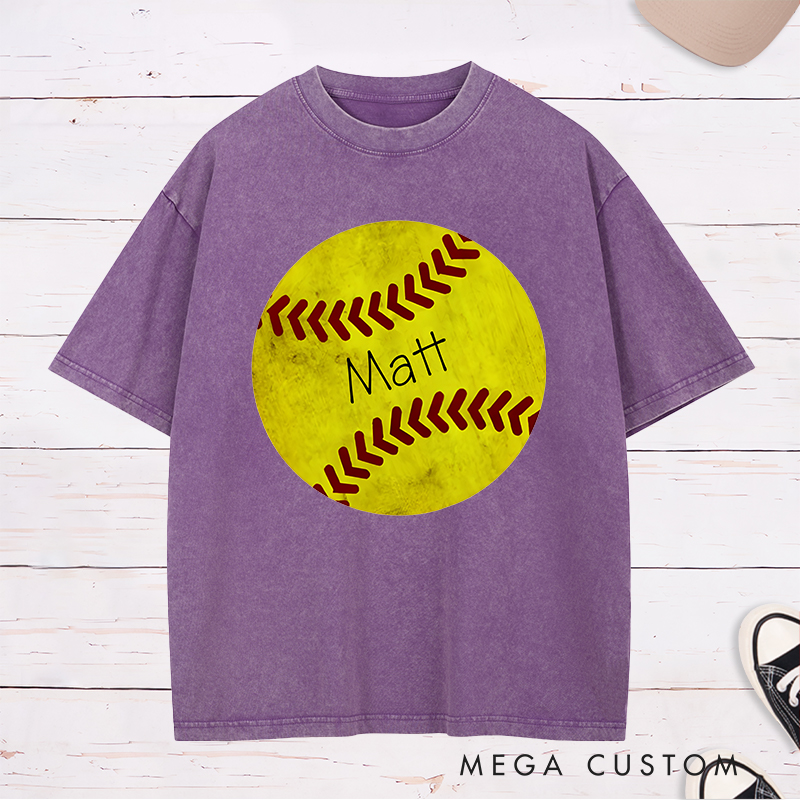 Personalized Softball Washed T-Shirt Design Featuring Custom Name Inside a Bold Softball Graphic