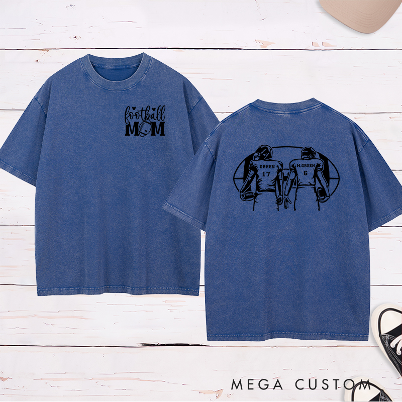 Personalized American Football Mom Washed T-Shirts with Custom 2 Player Name and Number