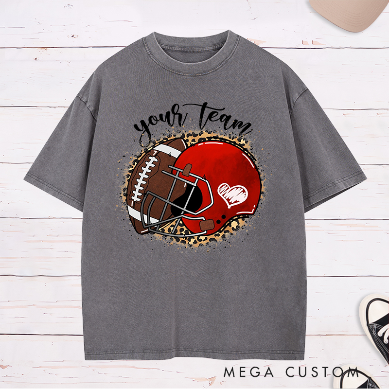 Personalized American Football Ball And Helmet Washed T-Shirts Featuring Custom Team Name