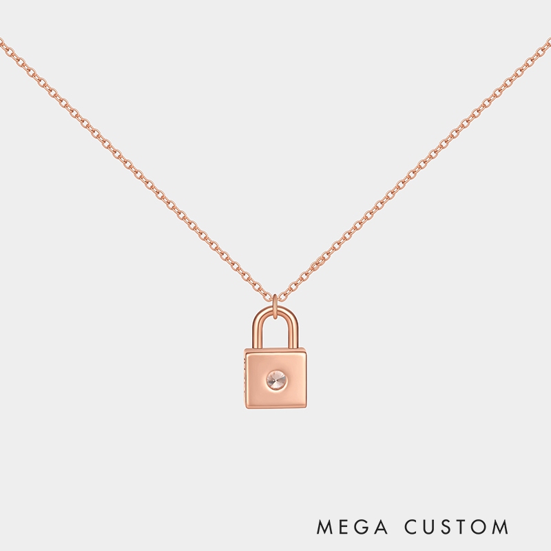 Personalized sterling silver lock necklace – customizable with engraving and a birthstone pendant.