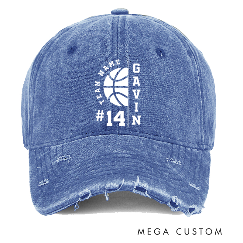Personalized Distressed Denim Basketball Cap with Custom Team Name Player Name and Number Design