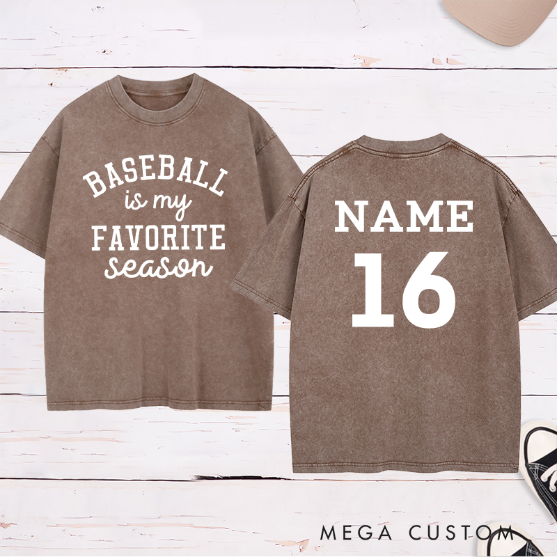 Personalized Baseball Season Washed T-Shirt with Custom Name and Number