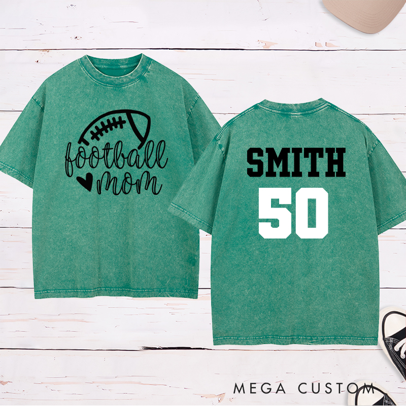 Personalized American Football Mom Washed T-Shirts Featuring Custom Name and Number