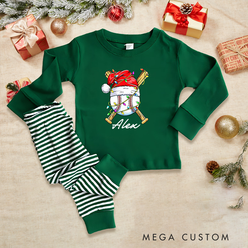 Personalized Santa Hat and Holiday Lights Baseball Pajamas with Custom Name for Kids  
