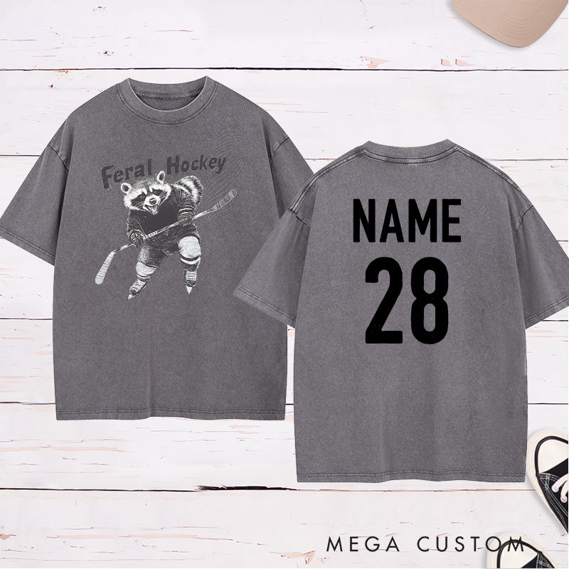 Personalized "Feral Hockey" Raccoon Washed T-Shirt with Custom Name and Number