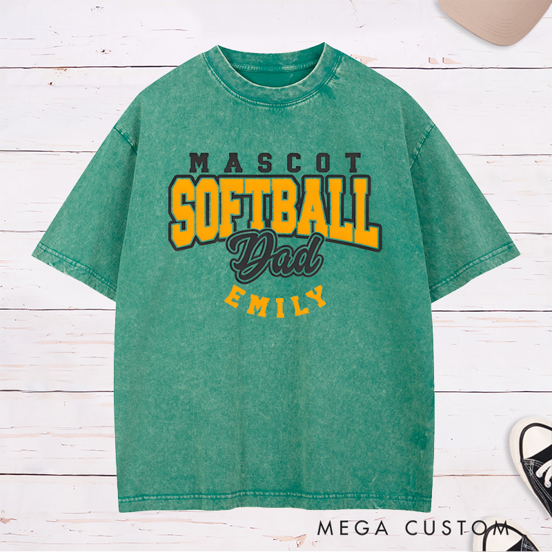 Personalized Softball Dad Washed T-Shirt Design Featuring Custom Team Name Player Name Bold Typography and Stylish Script Accent