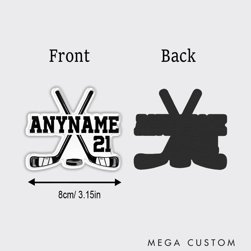 Personalized Hockey Fridge Magnet with Crossed Sticks and Custom Name and Number
