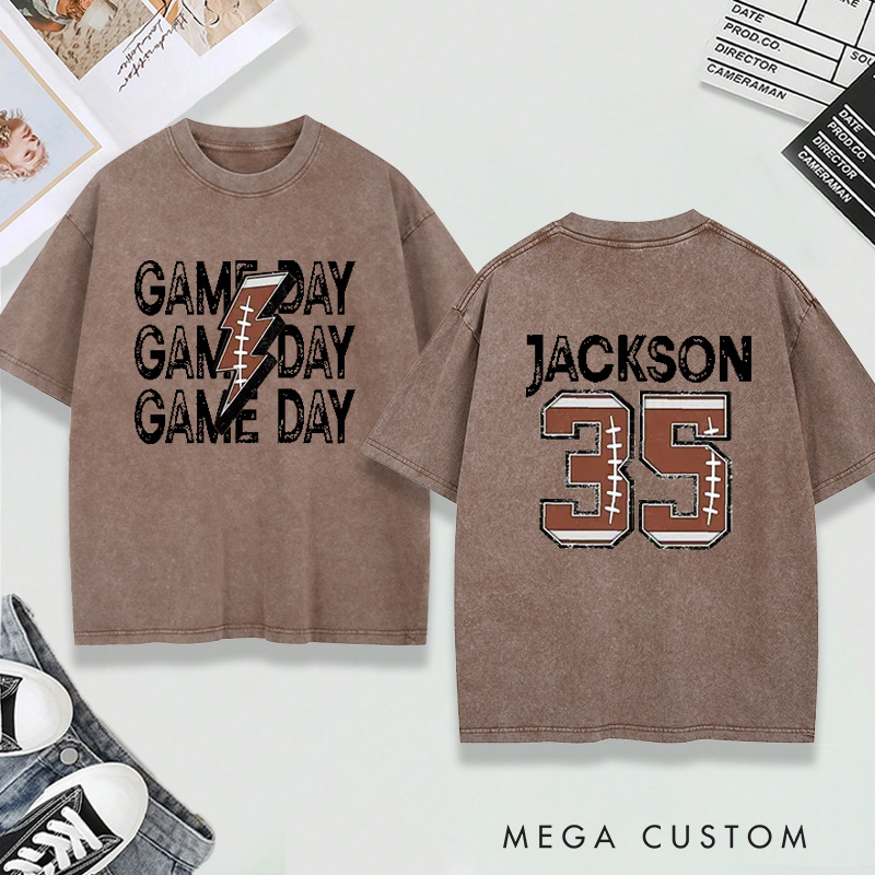 Personalized Washed T-Shirt Game Day Football with Custom Name and Number Design