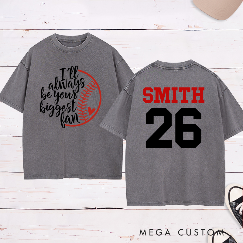 Personalized Baseball Fan Washed T-Shirt with Heartfelt Quote and Custom Name and Number