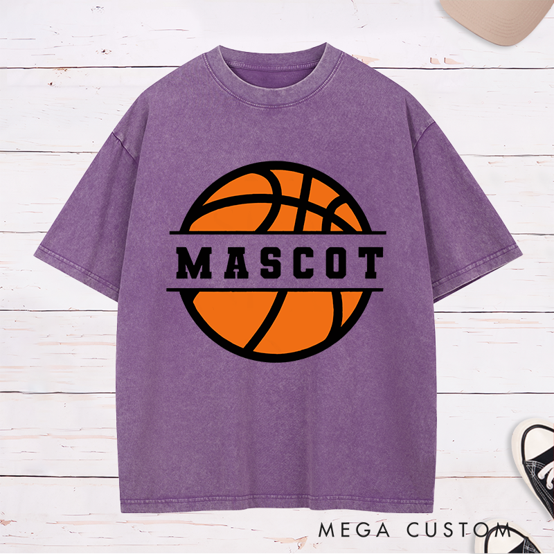 Personalized Washed T-Shirt Design Featuring Bold Basketball Graphic with Customizable Team Name in Center Band