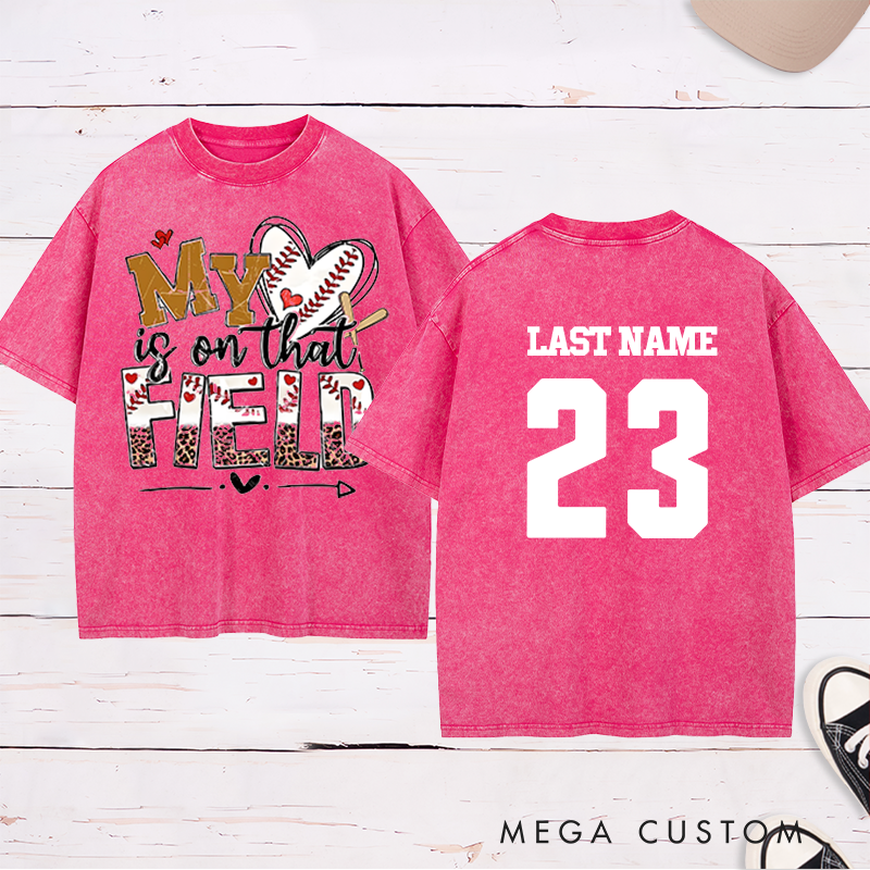 Personalized "My Heart is on That Field" Baseball Washed T-Shirt with Custom Name and Number