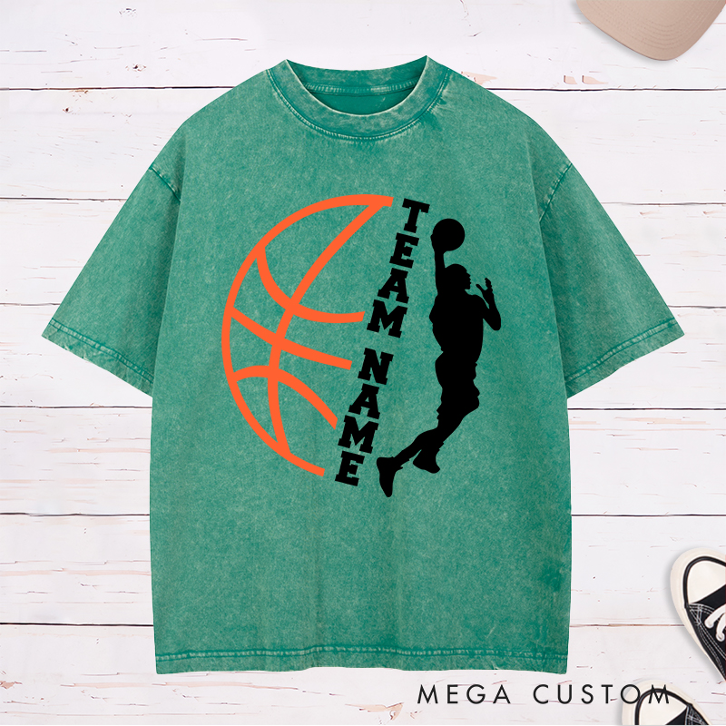 Personalized Washed T-Shirt Design Featuring Custom Team Name with Dynamic Dunking Player Silhouette and Bold Basketball Graphic