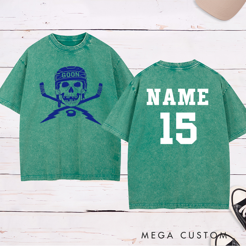 Personalized "Goon Skull" Hockey Washed T-Shirt with Custom Name and Number