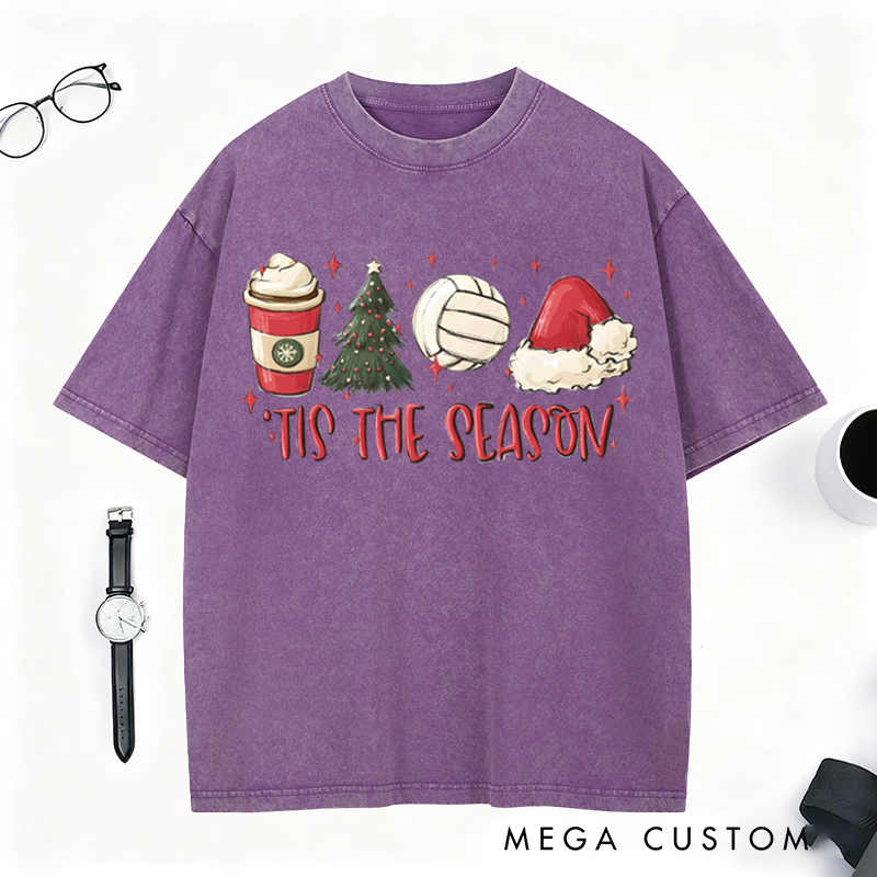 Personalized Washed T-Shirt – Festive Volleyball Design with Holiday Elements
