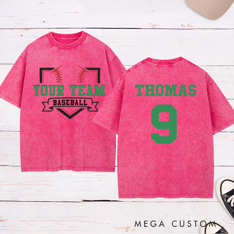 Personalized Team Name Baseball Home Plate Design Washed T-Shirt