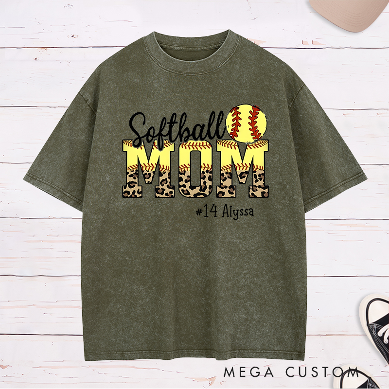 Personalized Softball Mom Washed T-Shirt Design Featuring Leopard Print Bold Text Softball Graphic and Custom Player Name and Number