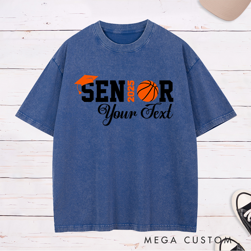 Personalized Washed T-Shirt Design Celebrating Senior 2025 Featuring a Basketball Graphic Graduation Cap and Customizable Text for a Relaxed and Timeless Look