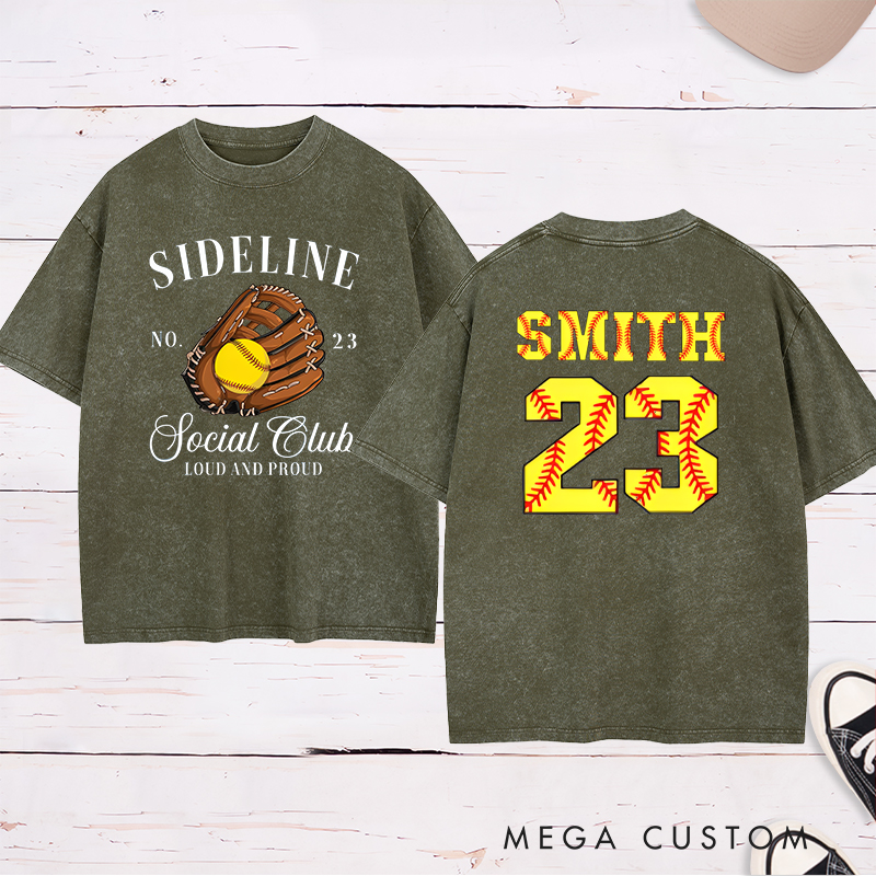 Personalized Softball Sideline Social Club Washed T-Shirt with Custom Name and Number Perfect Gift for Proud Fans Supporters and Players