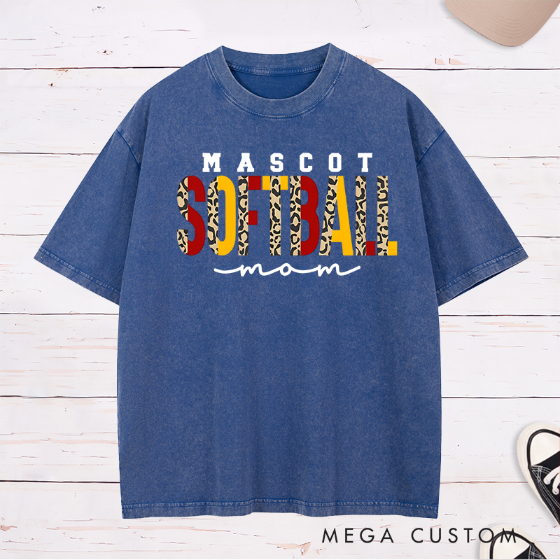 Personalized Softball Mom Washed T-Shirt Design Featuring Custom Team Name Leopard Print Bold Typography and Stylish Script Accent