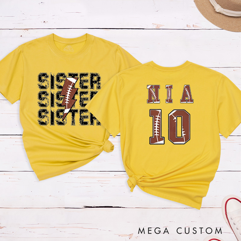 Personalized American Football and Rugby Sister T-Shirts with Custom Name and Number