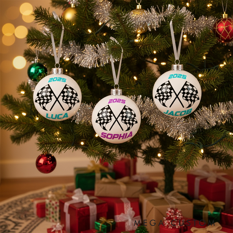 Personalized Racing Christmas Ornament Set of 3 Checkered Flag Ornaments for Racers and Racing Lovers
