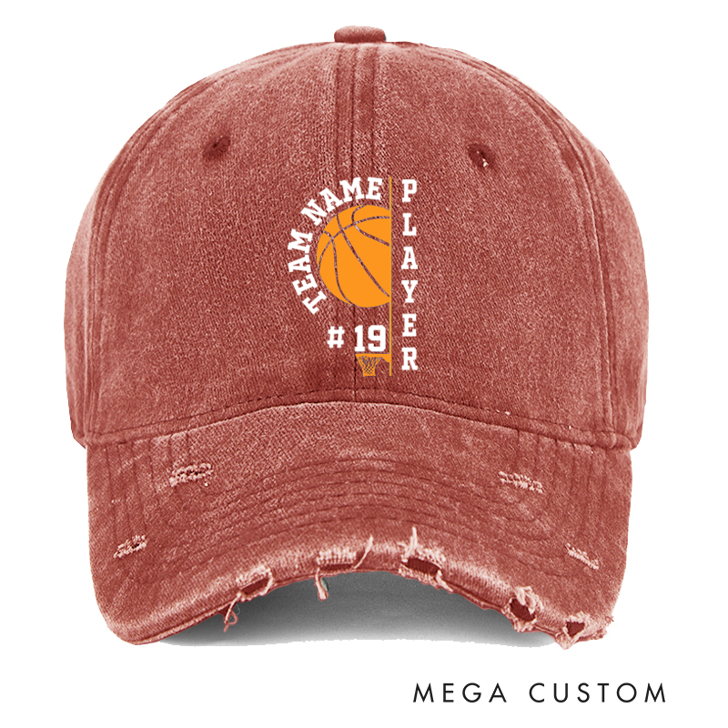 Personalized Distressed Denim Basketball Cap with Custom Team Name Player Title and Number Design