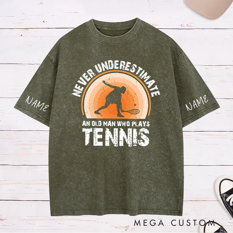 Personalized Tennis Washed T-Shirt with "Never Underestimate" Graphic and Custom Name