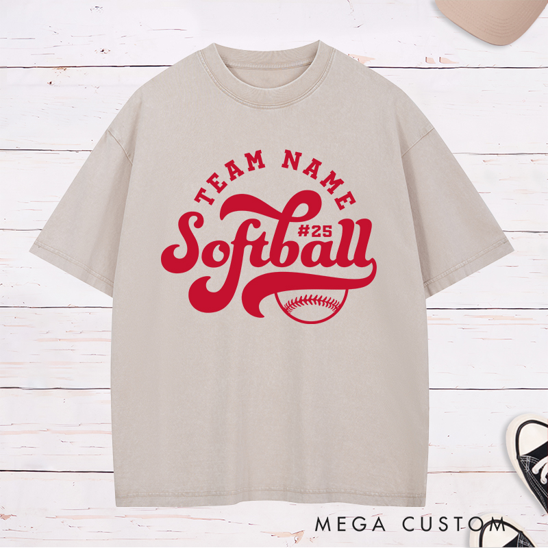 Personalized Softball Washed T-Shirt Featuring Customizable Team Name Player Number Dynamic Script Font and Classic Softball Graphic for a Bold and Unified Look