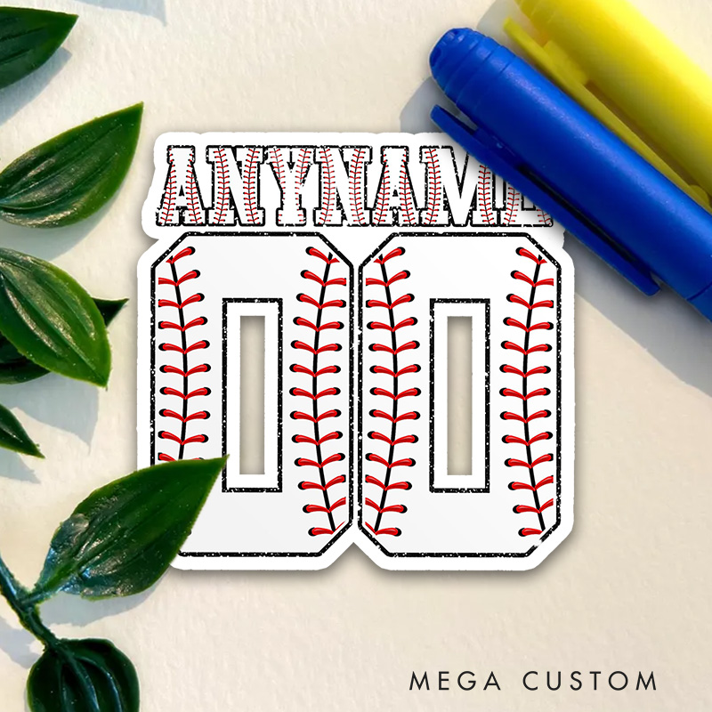 Personalized Athletic Sticker with Large Number and Baseball Stitch Design 