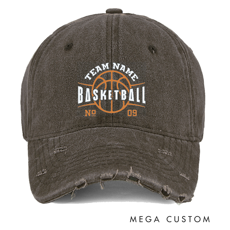 Personalized Distressed Basketball Cap with Custom Team Name Number and Basketball Graphic Design